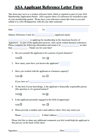 Applicant Reference Letter Form