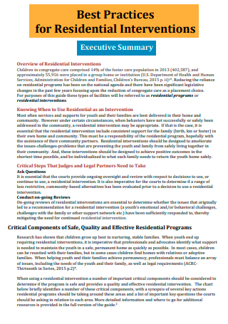 Best Practices For Residential Interventions Executive Summary