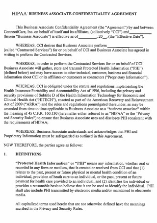 Business Associate HIPAA Confidentiality Agreement