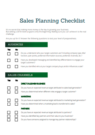 Business Sales Planning Checklist
