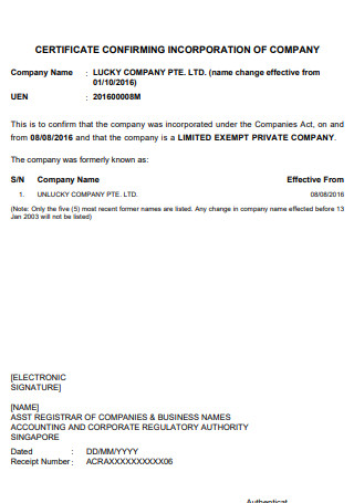 Certificate Confirming Incorporation of Company