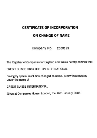 Change of Company Name Incorporation Certificate