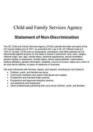 Child and Family Services Agency Statement of Non Discrimination