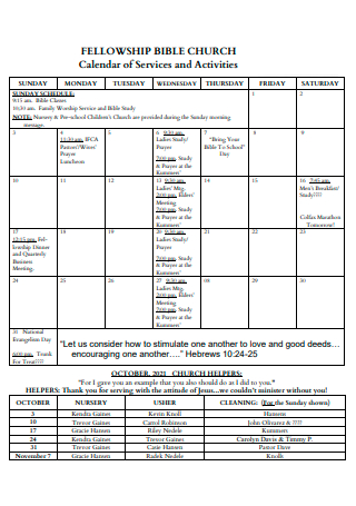 Church Calendar of Services and Activities
