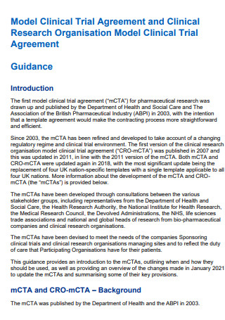 Clinical Research Organisation Model Clinical Trial Agreement
