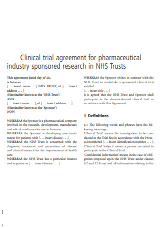 Clinical Trial Agreement for Pharmaceutical 