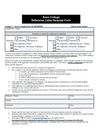 College Reference Letter Request Form
