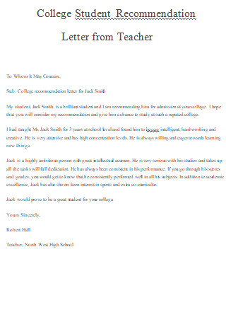 College Student Letter of Recommendation From Teacher