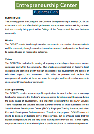 College of Entrepreneurship Center Business Plan