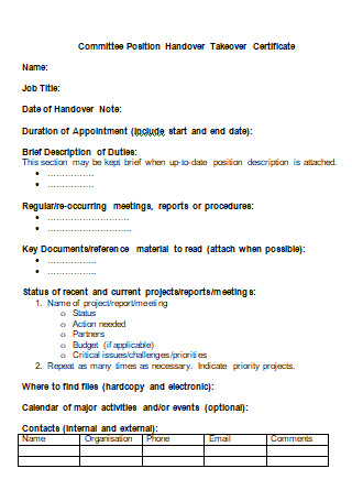 Committee Job Handover Certificate Note