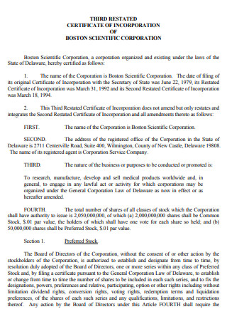 Corporation Company Incorporation Certificate