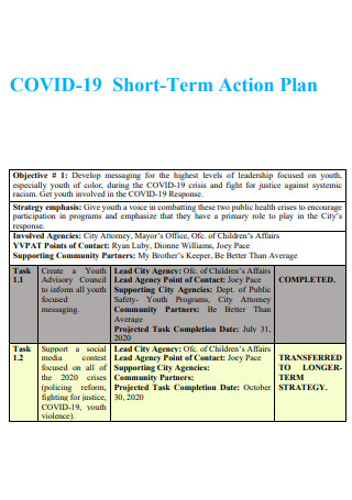 Covid 19 Short Term Action Plan
