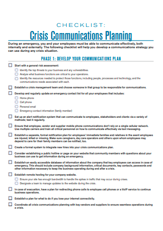 Crisis Communications Planning Checklist