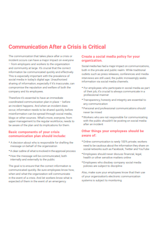Crisis is Critical Communication Plan