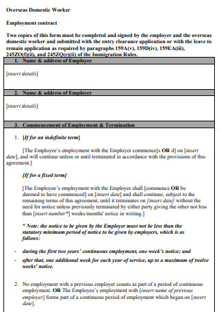 Domestic Cleaning Worker Employment Contract