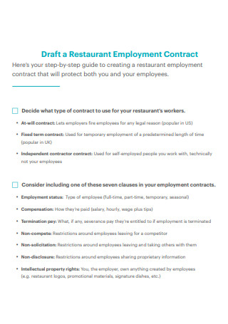 Draft Restaurant Employment Contract