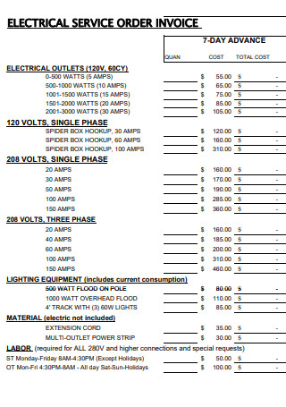 Electrical Service Order Invoice