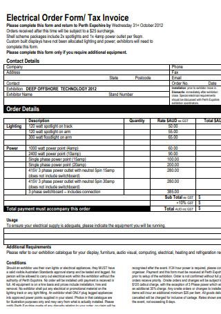 Electrical Tax Invoice Order Form