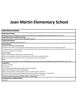 Elementary School Action Plan Format