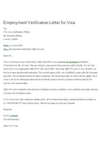 Employment Verification Letter for Visa