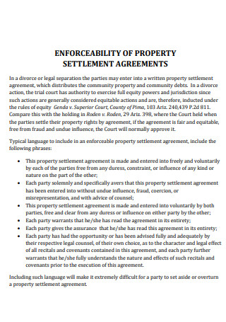 Enforcability of Property Settlement Agreement