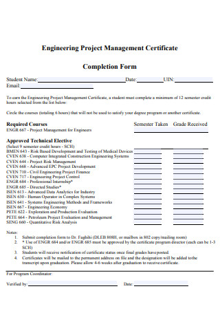 Engineering Project Management Certificate Completion Form