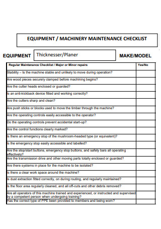 Equipment Machinery Maintenance Checklist
