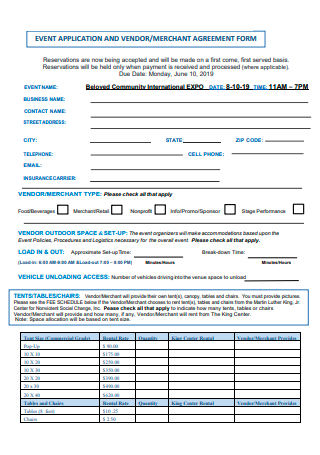 Event Application and Vendor Merchant Agreement Form