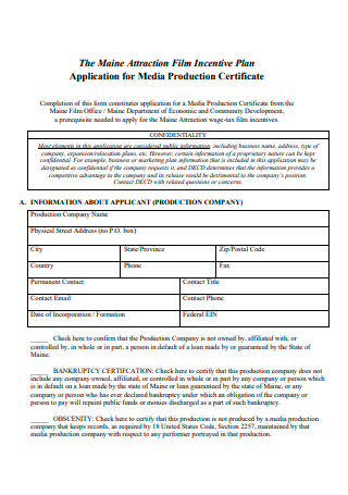 Film Application For Media Production Certificate Incentive Plan