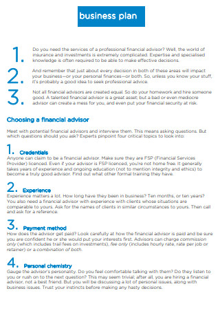 Financial Advisor Business Plan Format