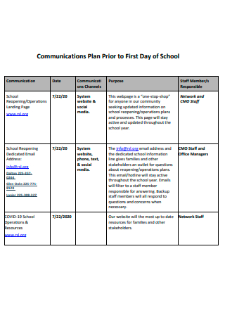 First Day of School Communication Plan