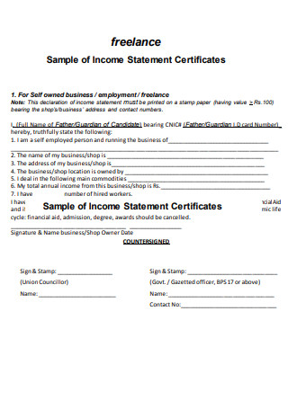 Freelance Sample of Income Statement Certificates