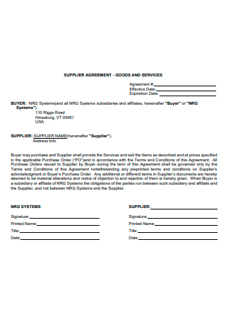Goods and Services Vendor Supplier Agreement