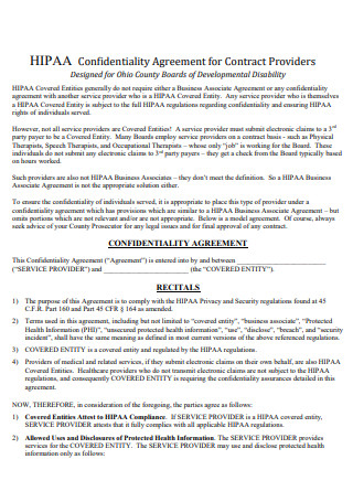 HIPAA Confidentiality Agreement for Contract Providers