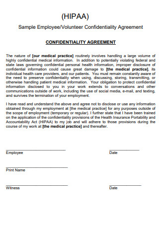 HIPAA Confidentiality Agreement for Volunteer