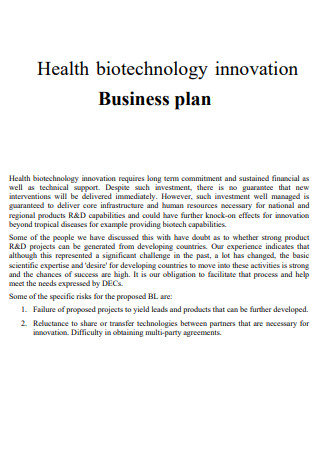 Health Biotechnology Innovation Business Plan