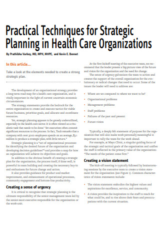 Health Care Organizations Strategic Plan