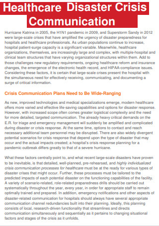 Healthcare Disaster Crisis Communications Plan