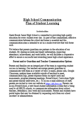 High School Communication Plan of Student Learning