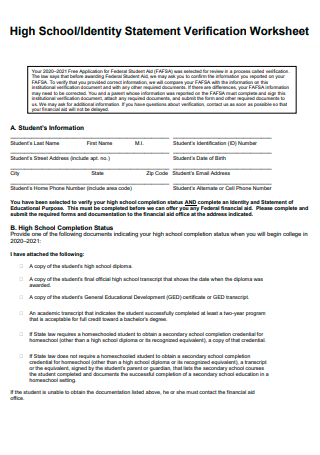 High School Identity Statement Verification Worksheet