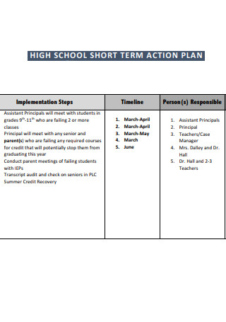 High School Short Term Action Plan