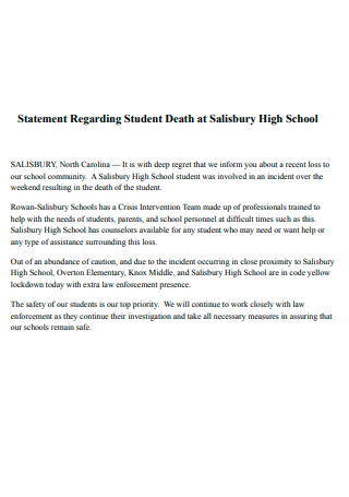 High School Statement Regarding Student Death
