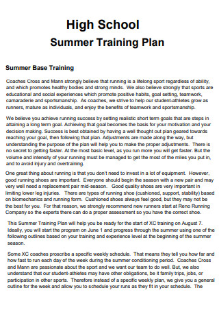 High School Summer Training Plan 
