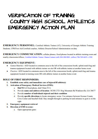High School Training Emergency Action Plan