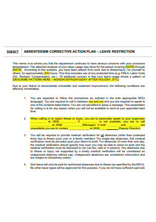 Leave Restriction Absenteeism Corrective Action Plan