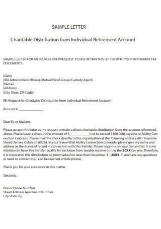 Letter of Charitable Distribution from Individual Retirement Account