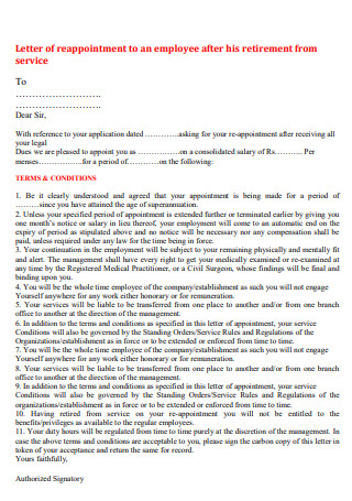 Letter of Reappointment to an Employee After Retirement from Service
