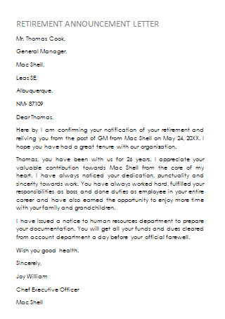 Letter of Retirement in DOC