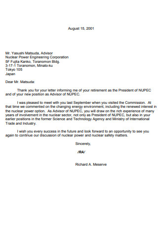 Letter of Retirement to Former President