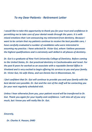Letter of Retirement to Patients from Dentist